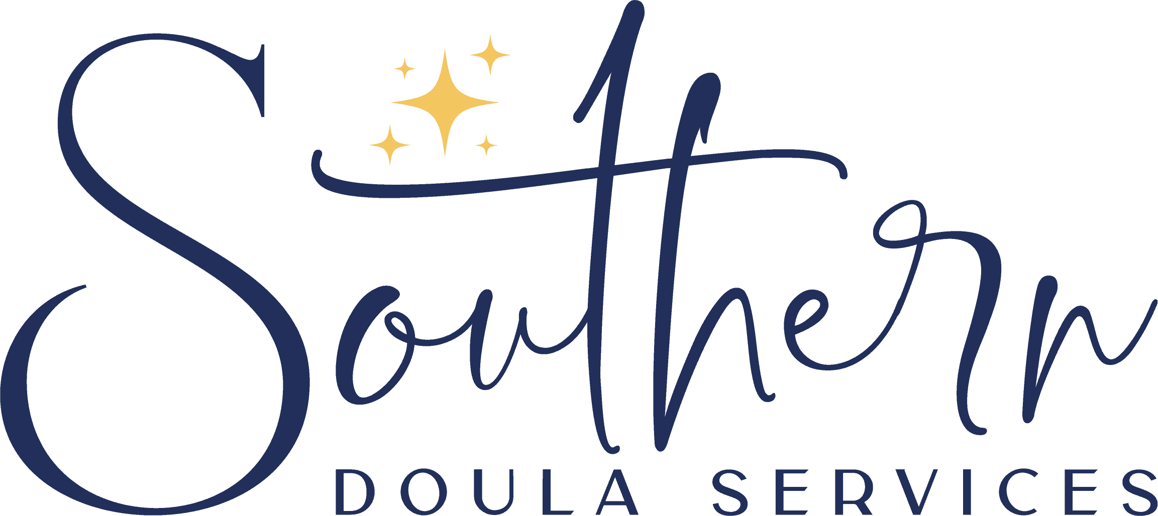 Southern Doula Services logo with Script for Southern and the rest in uppercase print, blue and yellow colors